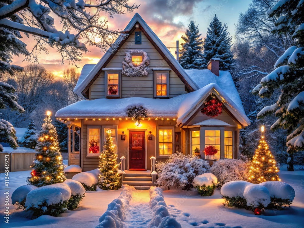 Fototapeta premium Winter Wonderland: A Cozy Home with Festive Lights and Snow-Covered Charm