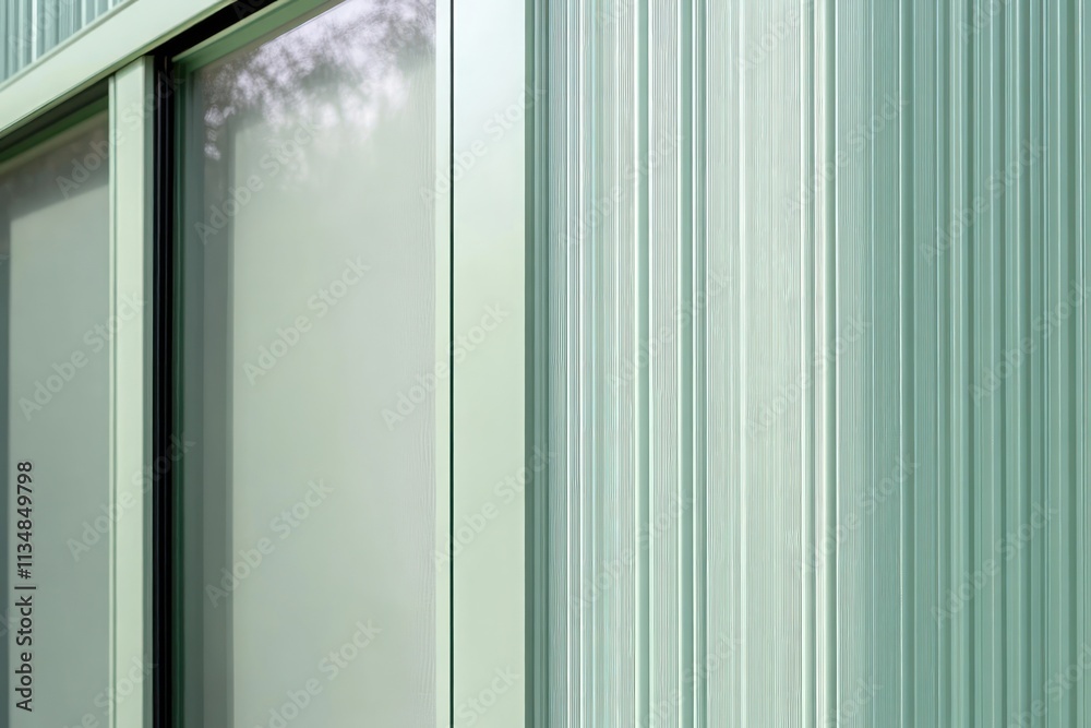 Sleek aluminum sliding door with a vertical ribbed texture in a subtle sage, blending with eco-friendly homes.