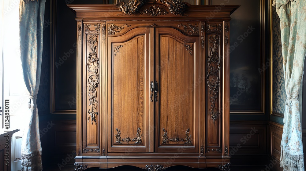 An ornate wooden armoire with intricate carvings and details. An ornate wooden armoire with intricate carvings and details.