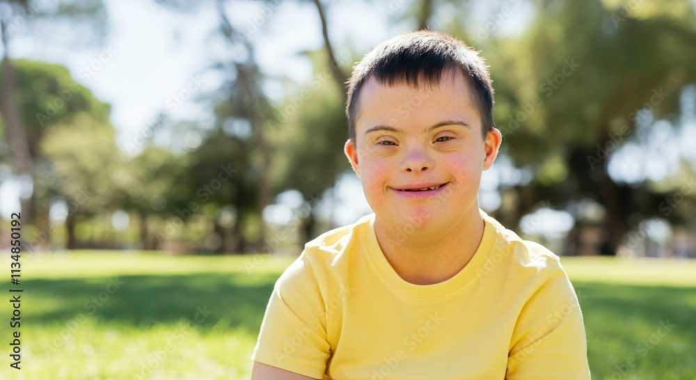 Young boy with down syndrome smiling outdoors on a sunny day Young boy with down syndrome smiling outdoors on a sunny day