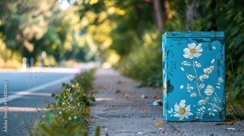 A blue book box with a floral design sits on the side of a road photo