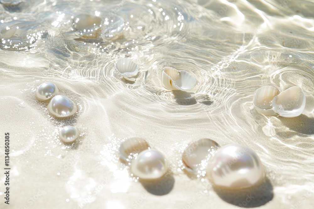 Nacreous pearls and shells lie beneath the clear water on the white sand, an empty space Nacreous pearls and shells lie beneath the clear water on the white sand, an empty space
