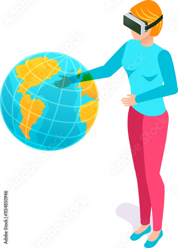 Woman wearing vr headset touching virtual earth globe with hand using augmented reality technology, exploring world and experiencing metaverse in isometric illustration