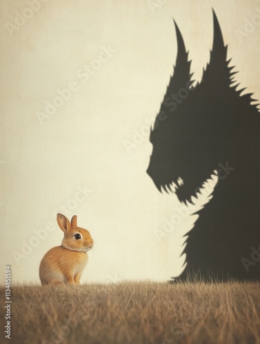 A small rabbit stares at a large, menacing shadow resembling a wolf, symbolizing fear and courage in a minimalist setting.
