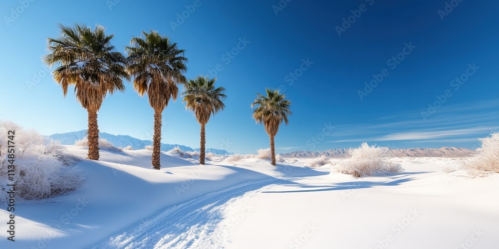 A stunning landscape featuring palm trees surrounded by pristine white snow under a bright blue sky, creating a striking contrast of tropical and winter elements. A stunning landscape featuring palm trees surrounded by pristine white snow under a bright blue sky, creating a striking contrast of tropical and winter elements.