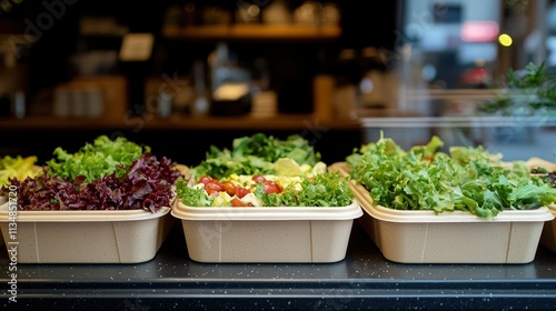 Wallpaper Mural Showcasing an eco-friendly design for molded fiber containers filled with fresh, colorful salads, offering a sustainable takeaway option for health-conscious customers Torontodigital.ca