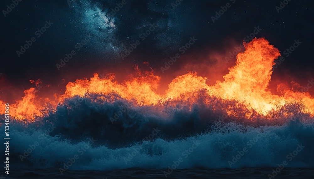 A dramatic scene of fiery waves crashing against the ocean, illuminated by a dark sky and a hint of moonlight. A dramatic scene of fiery waves crashing against the ocean, illuminated by a dark sky and a hint of moonlight.