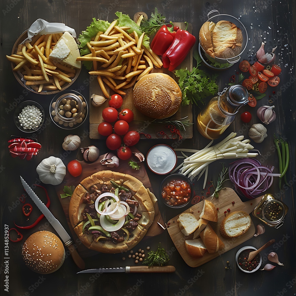 Delicious Food Spread for Gourmet Burger Preparation Delicious Food Spread for Gourmet Burger Preparation