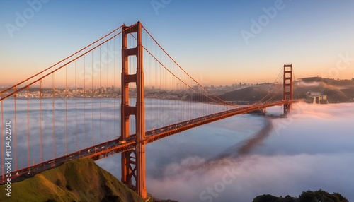 Golden Gate Bridge Majestic Sunset Panorama: Fog Envelops Iconic Landmark in California