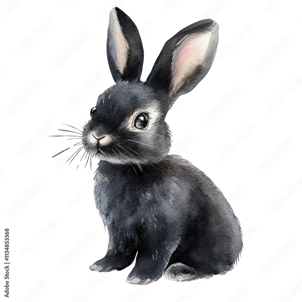Obraz premium Watercolor Cartoon of a Black Rabbit Sitting on transparent Background