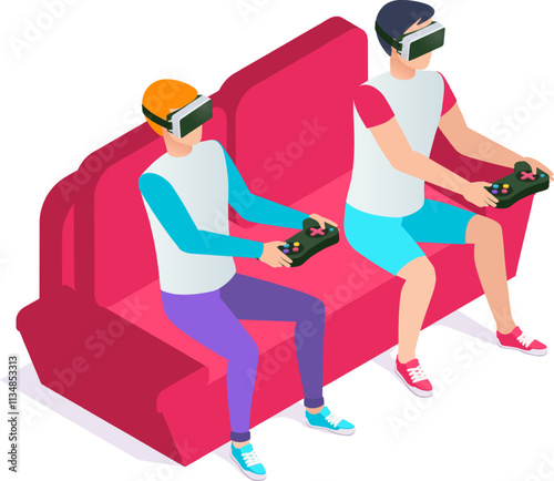 Two gamers wearing virtual reality headsets are playing video games using controllers while sitting comfortably on a red couch, enjoying immersive gameplay