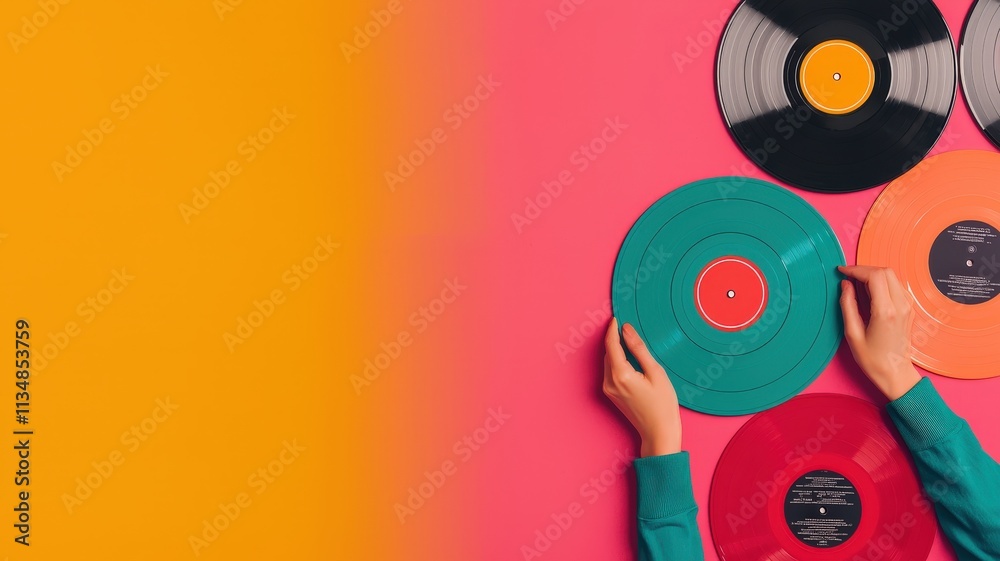 Your Hobby, Your Relaxation, Your Self-Care concept. Colorful vinyl records in hands on vibrant background Your Hobby, Your Relaxation, Your Self-Care concept. Colorful vinyl records in hands on vibrant background