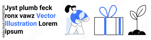 Woman holding globe, wrapped gift, and sprouting plant as main elements. Ideal for sustainability, growth, future planning, global awareness, environmental care gifts education. Landing page