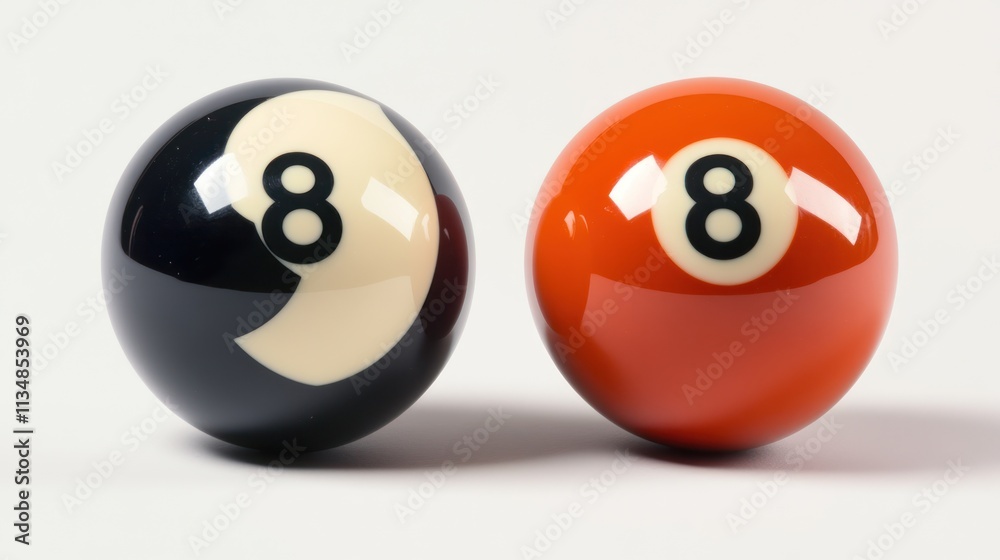 Two eight balls, one black and white, one orange, on white background. Two eight balls, one black and white, one orange, on white background.