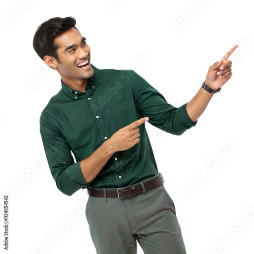 A man wearing a green shirt and brown belt pointing to the right