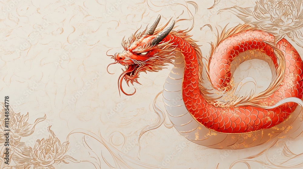 Obraz premium Majestic red dragon artwork, perfect for celebrating Chinese New Year, especially the Year of the Dragon. Ideal for mystical themes in design.