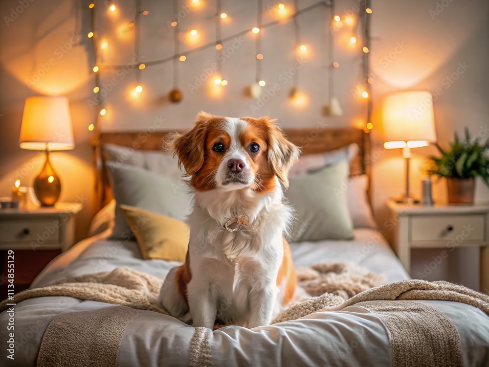 Cozy Bedroom Scene Featuring a Playful Dog Relaxing on a Bed with Soft Lighting and Warm Decor, Capturing the Bond Between Pets and Their Owners in a Homely Atmosphere Cozy Bedroom Scene Featuring a Playful Dog Relaxing on a Bed with Soft Lighting and Warm Decor, Capturing the Bond Between Pets and Their Owners in a Homely Atmosphere