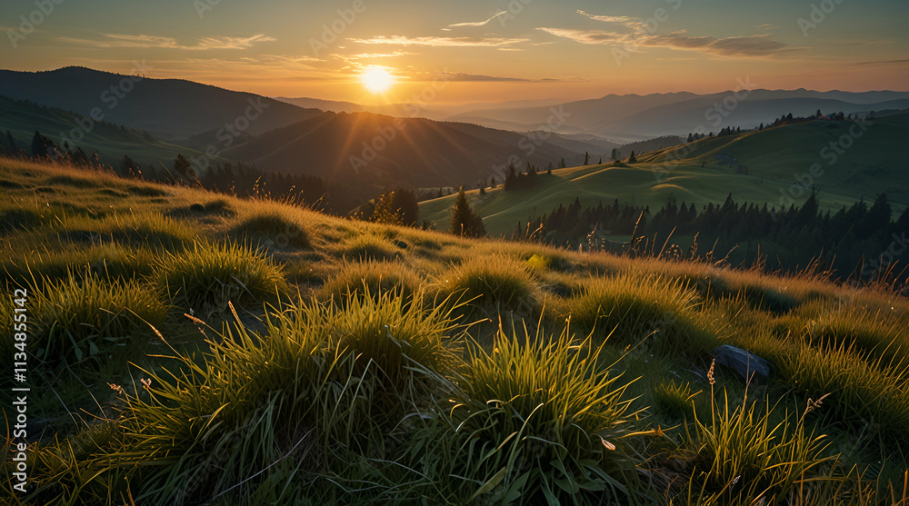 custom made wallpaper toronto digitalsunset in the mountains with grass. Genrative.ai 