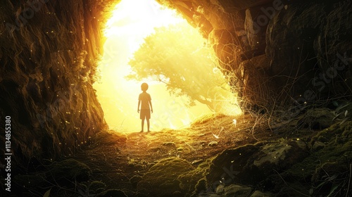 a boy standing at way path to other world, idea for brave and challenge concept background wallpaper with copy space