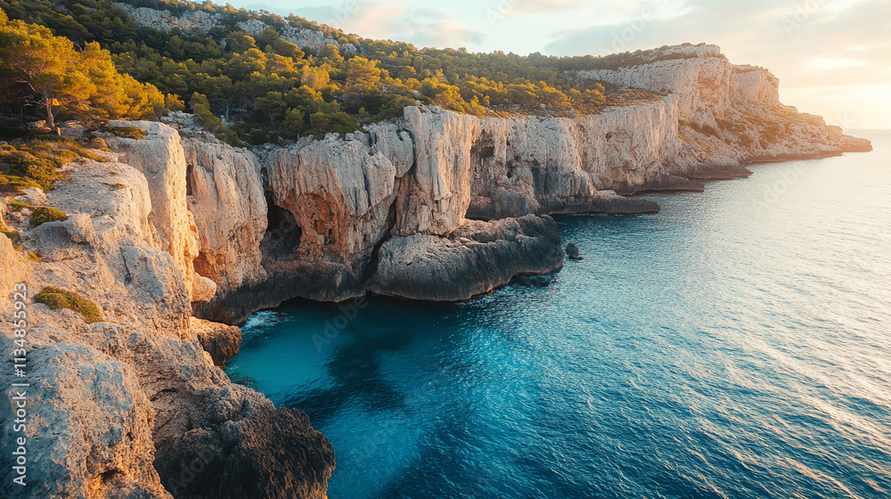 Breathtaking coastline view during sunset at a serene location with rugged cliffs and tranquil waters Breathtaking coastline view during sunset at a serene location with rugged cliffs and tranquil waters