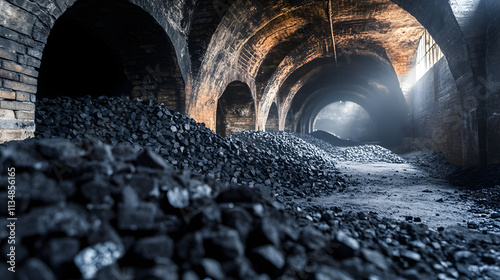 An Ancient Vaulted Cellar Filled with Coal, Positioned in a Grand Old Building with Ample Foreground Space