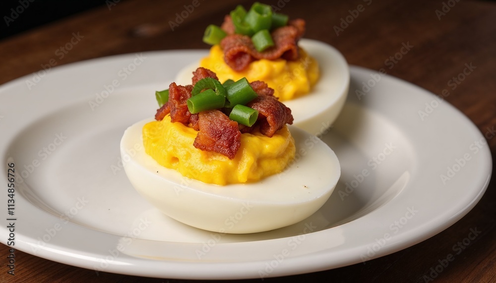 Delicious deviled eggs topped with bacon and green onions on white plate for appetizer idea Delicious deviled eggs topped with bacon and green onions on white plate for appetizer idea