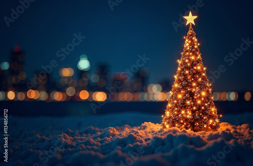 Christmas light tree on blurred blue background with bokeh. Greeting card, invitation. Festive concept of Christmas and New Year..Christmas tree