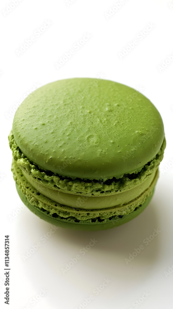 Green matcha macaron with smooth delicate texture and rich filling isolated on white background Green matcha macaron with smooth delicate texture and rich filling isolated on white background