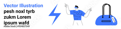 Person enjoying VR lightning bolt symbolizing energy blue duffle bag with price tag. Ideal for technology, energy, advertisement, travel, virtual reality, innovation, modern lifestyle concepts