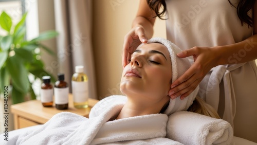 A person enjoying a spa day with a facial treatment, wearing a plush robe, and surrounded by natural skincare products like oils and lotions in a calming environment