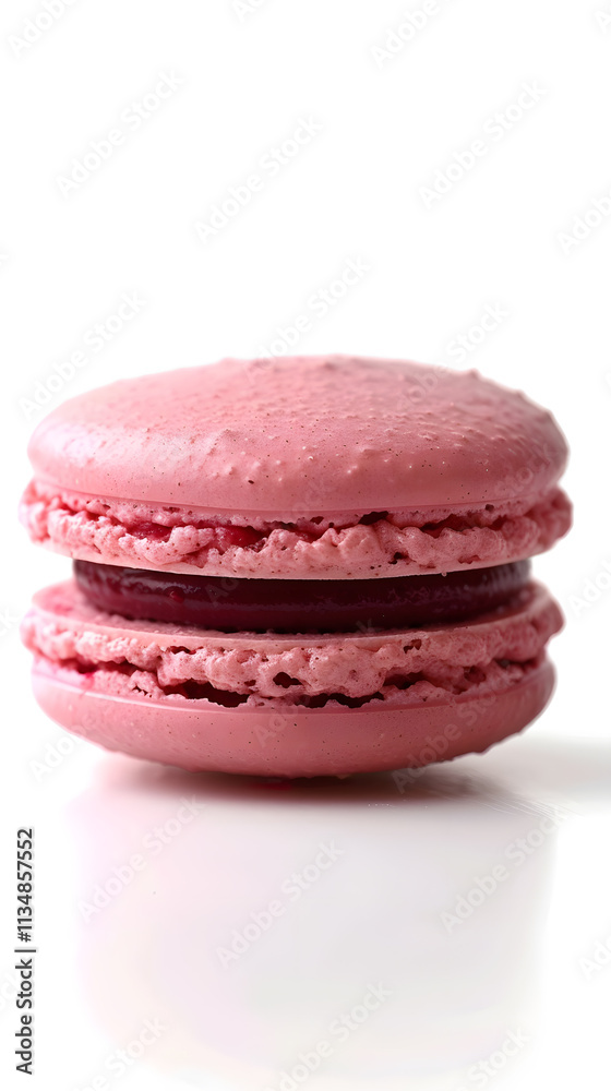 Raspberry macaron with gleaming pink shell and rich filling isolated on white background Raspberry macaron with gleaming pink shell and rich filling isolated on white background