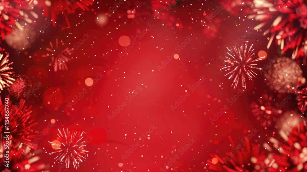 A bright red background with fireworks exploding in the corners, leaving a central area clear for text. - Event decoration background A bright red background with fireworks exploding in the corners, leaving a central area clear for text. - Event decoration background