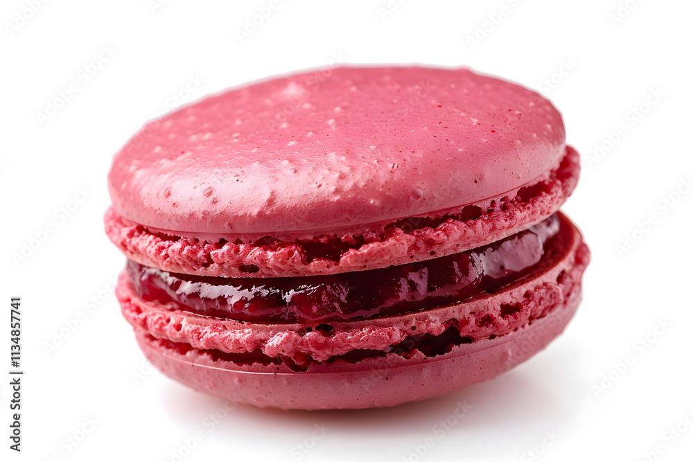 Raspberry macaron with deep pink glossy shell and creamy luscious filling isolated on white background Raspberry macaron with deep pink glossy shell and creamy luscious filling isolated on white background