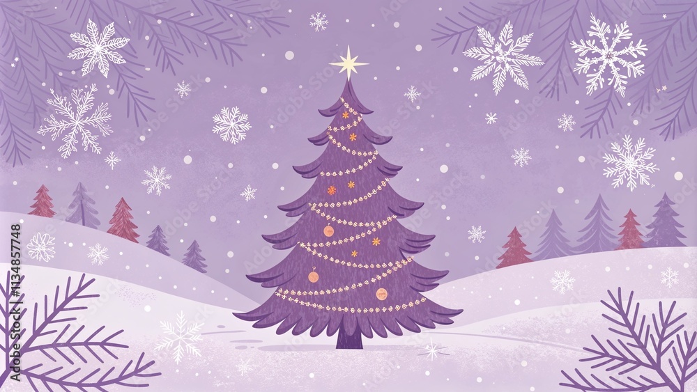 Obraz premium Festive Christmas tree illustration in purple tones surrounded by snowflakes and winter landscape 