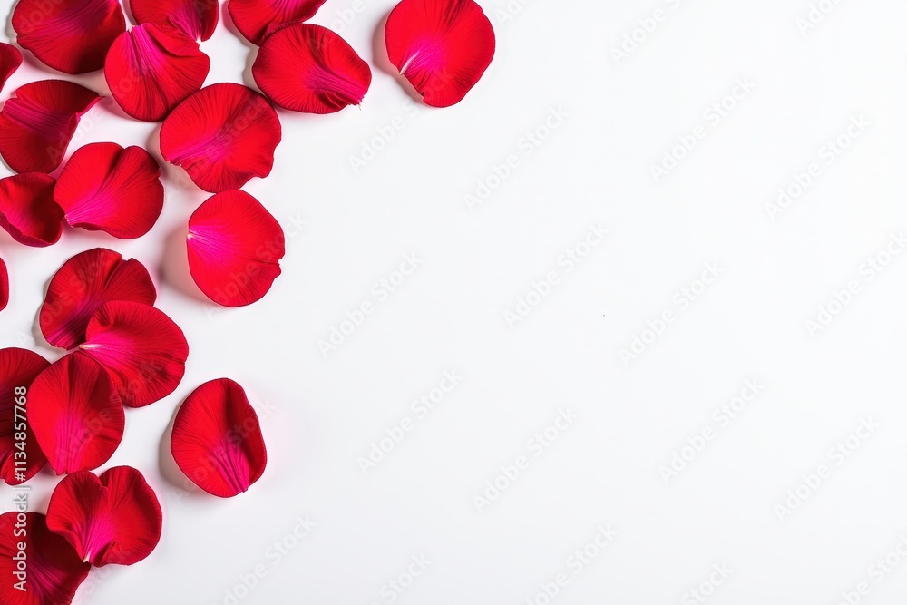 Elegant Red Rose Petals Scattered on White Background, Perfect for Romantic Greetings, Invitations, or Wall Art Elegant Red Rose Petals Scattered on White Background, Perfect for Romantic Greetings, Invitations, or Wall Art