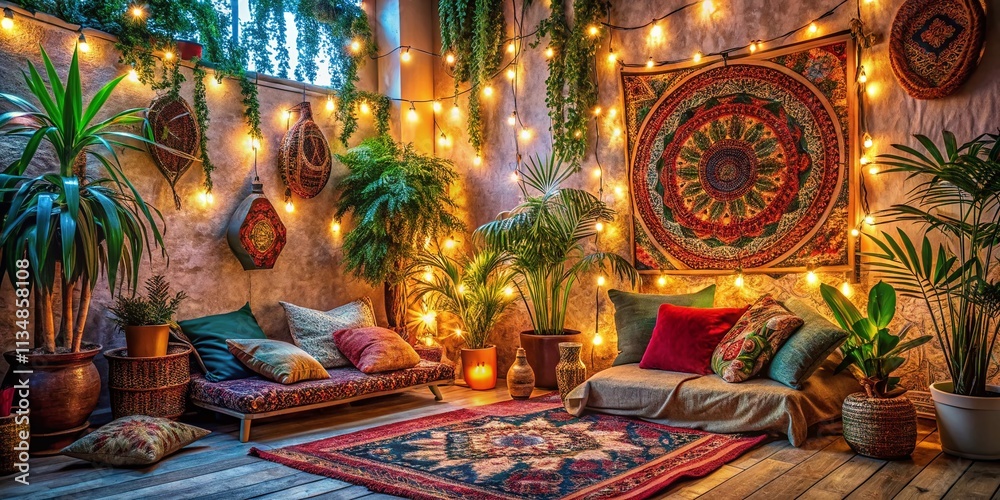 Fototapeta premium Cozy Meditation Nook with String Lights and Tapestries Creating a Serene Hippie Vibe for Relaxation and Mindfulness in a Warm Ambiance