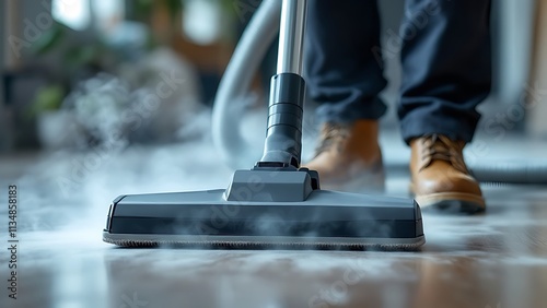 Vacuum cleaner in action, emitting steam on a polished floor. The scene conveys a sense of deep cleaning and maintenance in a modern, well-lit space. photo