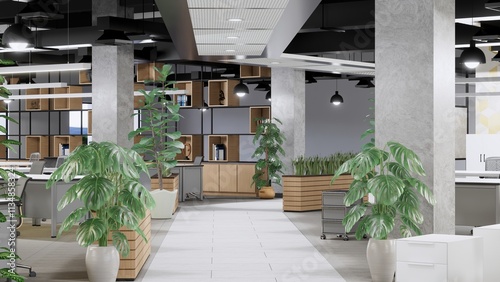 Dark gray office, contemporary style The area is arranged to be green with trees. to make the page work more