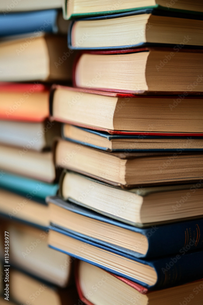 Stack of colorful books stacked neatly on a wooden shelf in a cozy reading nook Stack of colorful books stacked neatly on a wooden shelf in a cozy reading nook
