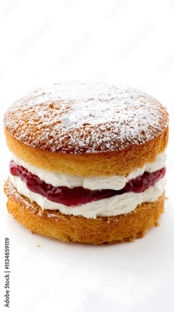 Professional Victoria Sponge cake with jam and whipped cream layers isolated on white background Professional Victoria Sponge cake with jam and whipped cream layers isolated on white background