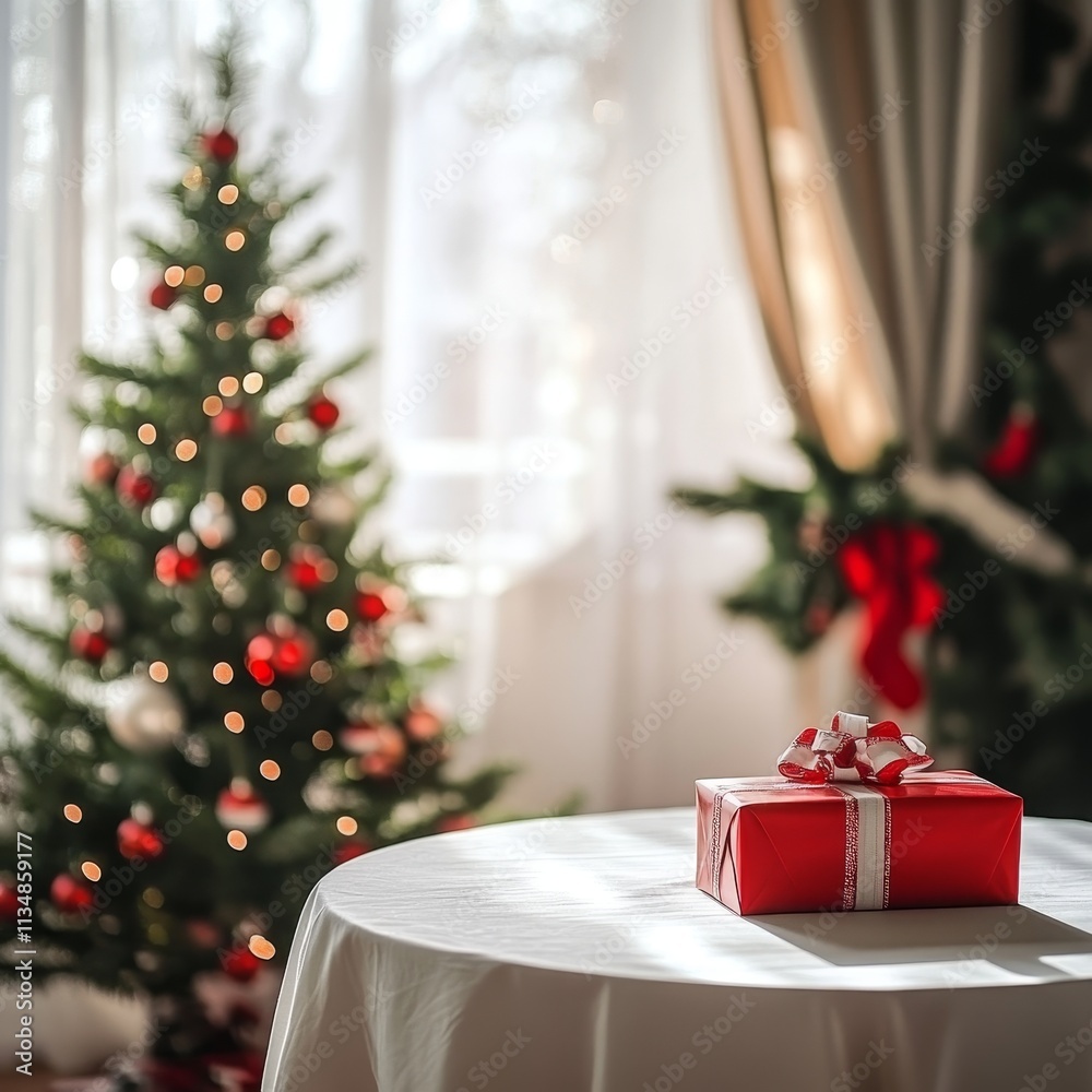 Joyful Holiday Morning With a Beautifully Wrapped Red Gift Near a Sparkling Christmas Tree Illuminated by Soft Natural Light Joyful Holiday Morning With a Beautifully Wrapped Red Gift Near a Sparkling Christmas Tree Illuminated by Soft Natural Light