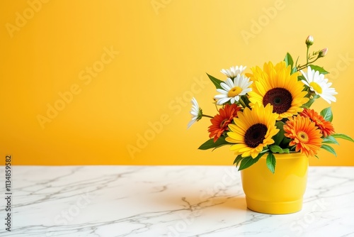 Brighten Up Your Space with a Vibrant Yellow Flower Bouquet in a Cheerful Yellow Vase on a Marble Surface against a Sunny Yellow Wall photo