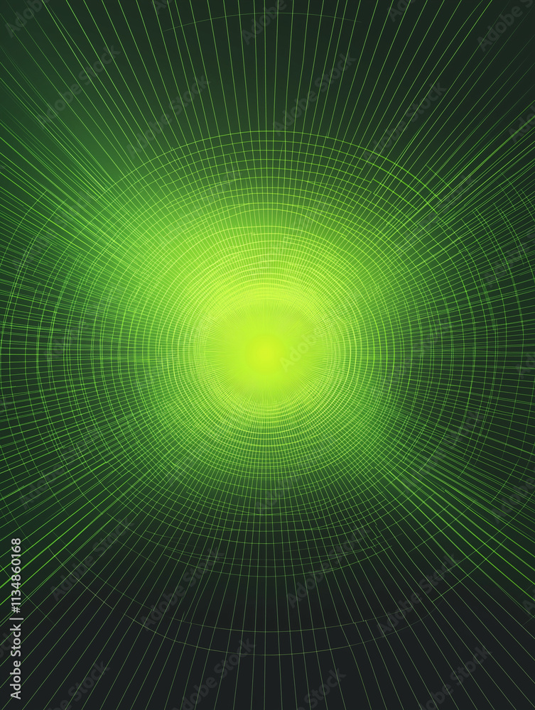 Abstract Green Tunnel with Radiating Lines. Concept of Technology, Futuristic, and Energy.