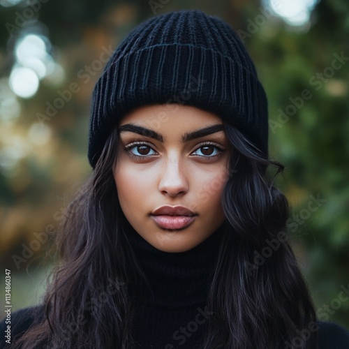 Captivating Gaze of a Young Woman in a Black Beanie Set Against a Blurred Natural Backdrop During the Golden Hour of a Cool Autumn Evening