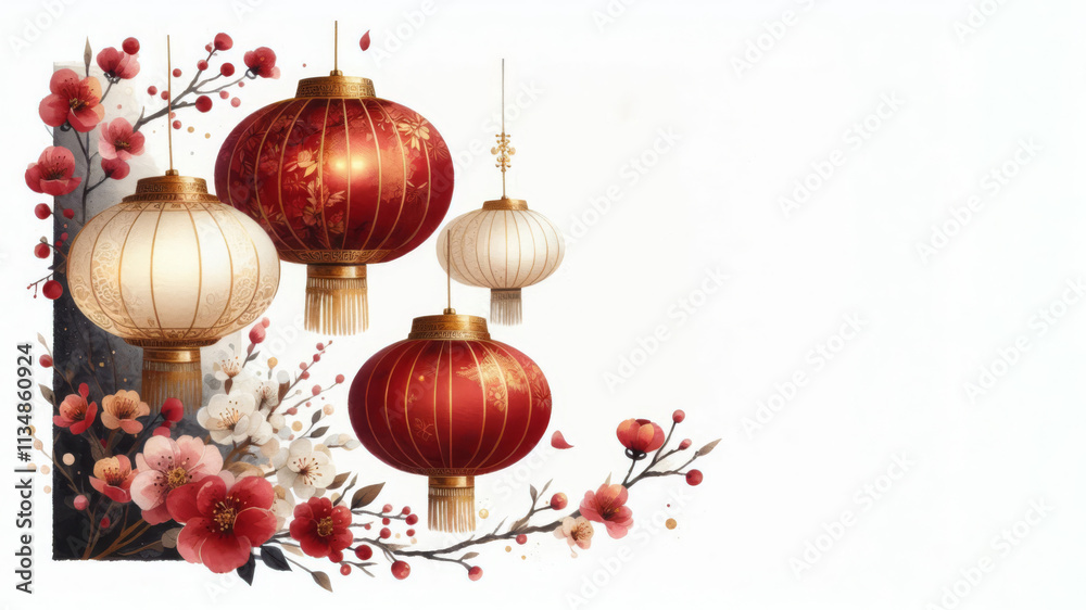 Chinese New Year background with traditional lanterns and plum blossom. Chinese New Year background with traditional lanterns and plum blossom.