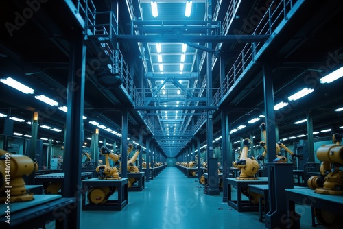 High-Tech Robotic Factory Interior with Automated Arms in a Modern Industrial Setting Featuring Bright Fluorescent Lighting and Efficient Production Lines