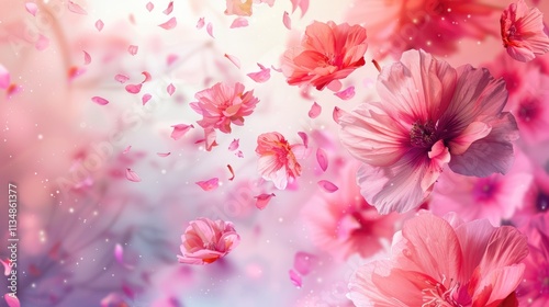 a bunch of pink flowers are in the air with pink petals flying around them on a pink and purple background with a pink and white background.