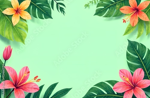 Tropical frame made from flowers and leaves on green background. Copy space.