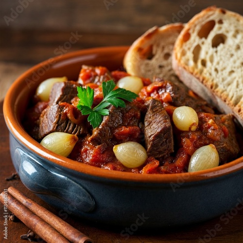 A hearty serving of Stifado with tender beef chunks, caramelized pearl onions, and a rich tomato-based sauce, garnished with parsley and served alongside crusty bread for dipping photo