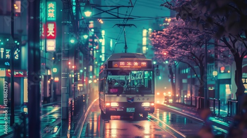 a bus driving in tokyo city in japan in the evening. anime cozy lofi artstyle. wallpaper background